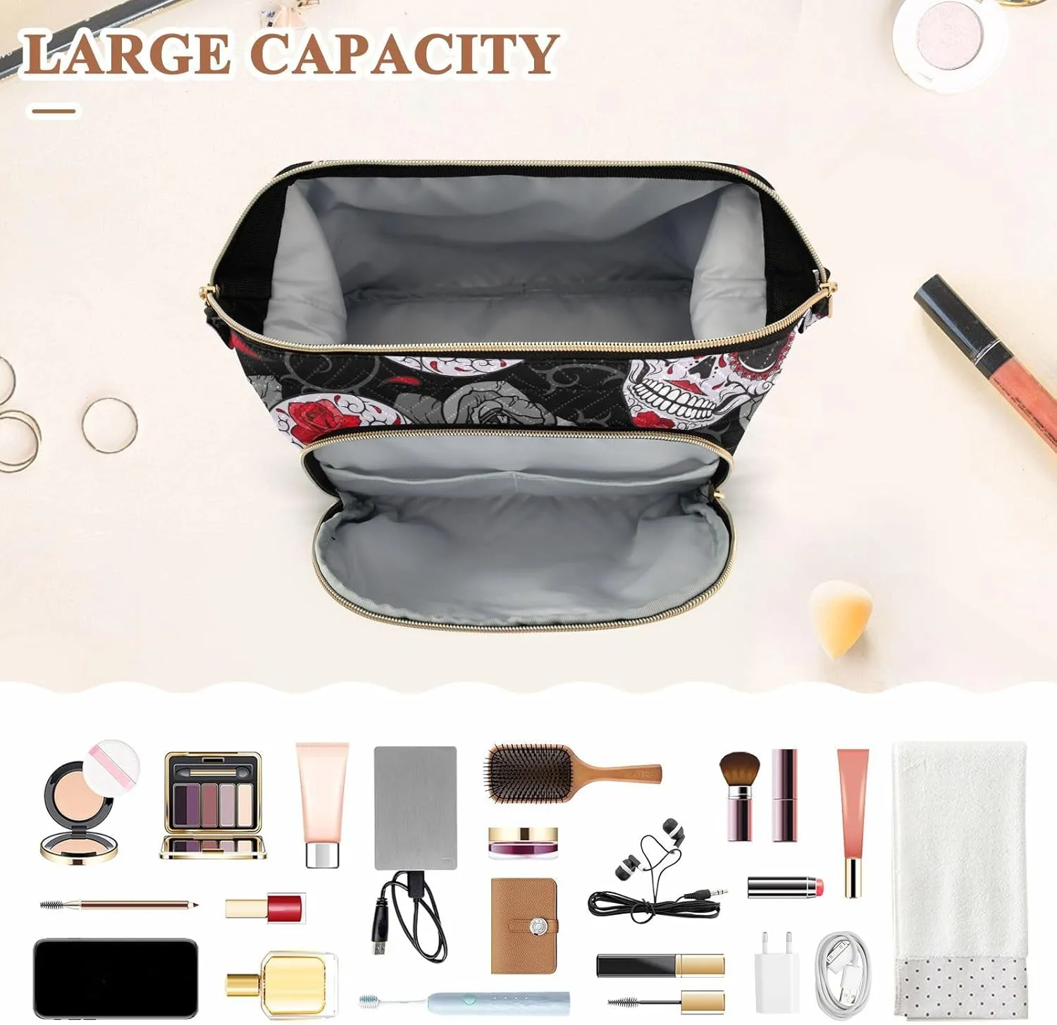 Women Wave Quilt Cosmetic Bag, Storage Pouch Handbag Makeup Case Zipper Toiletry Purse Holder Organizer 10.2x5.9x6.7 in Seamless Gothic Sugar Skulls with Red Roses, Grey Roses Thorns