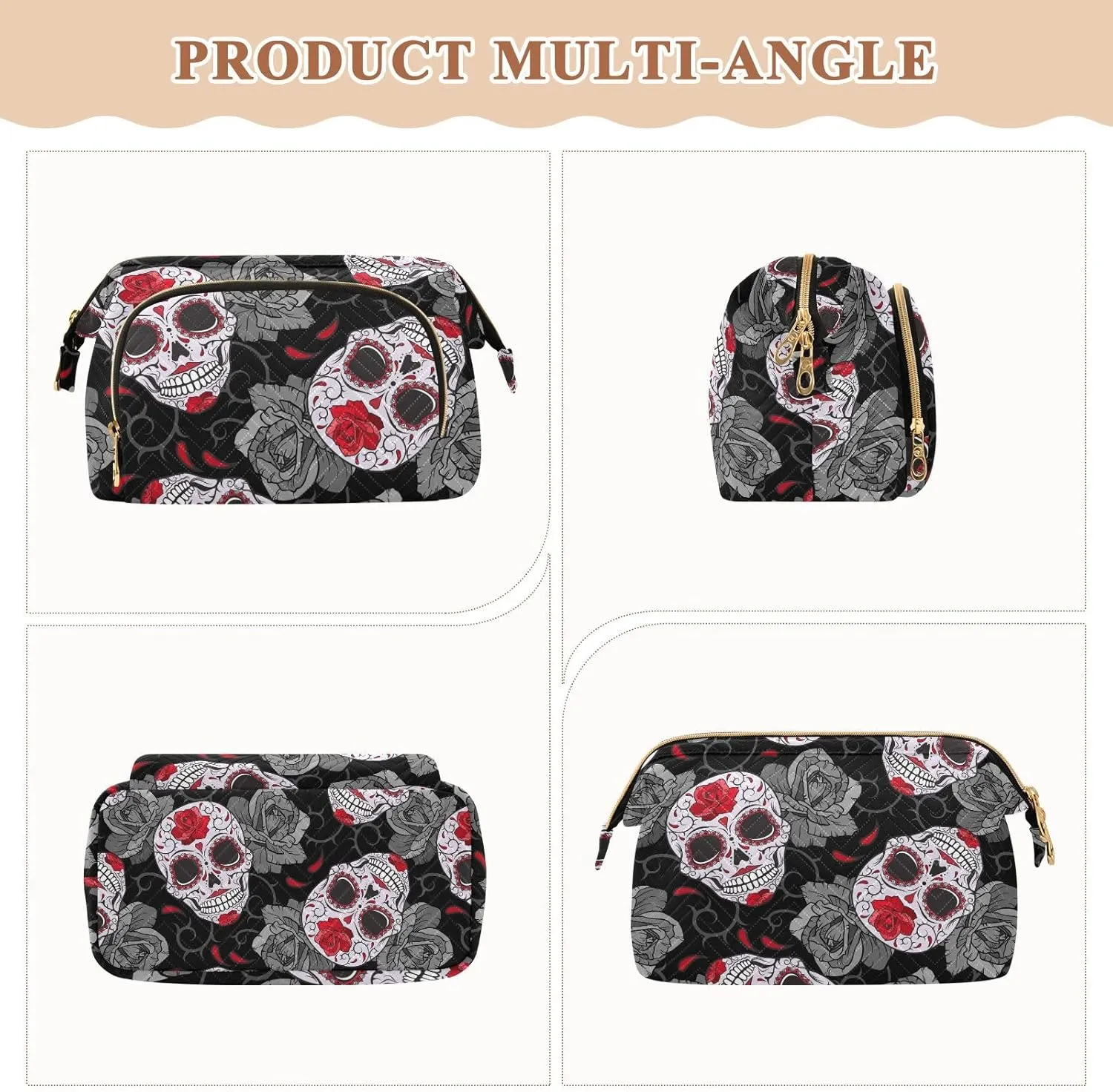 Women Wave Quilt Cosmetic Bag, Storage Pouch Handbag Makeup Case Zipper Toiletry Purse Holder Organizer 10.2x5.9x6.7 in Seamless Gothic Sugar Skulls with Red Roses, Grey Roses Thorns