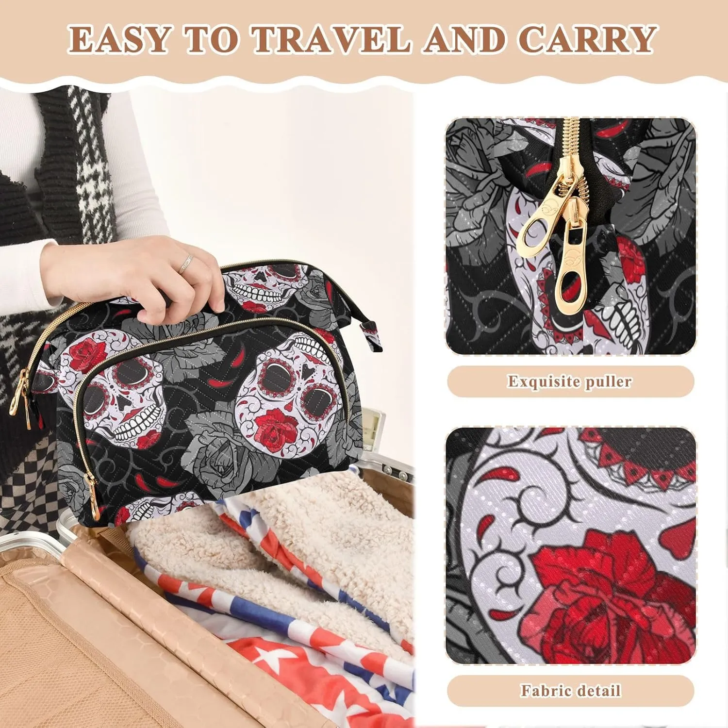 Women Wave Quilt Cosmetic Bag, Storage Pouch Handbag Makeup Case Zipper Toiletry Purse Holder Organizer 10.2x5.9x6.7 in Seamless Gothic Sugar Skulls with Red Roses, Grey Roses Thorns