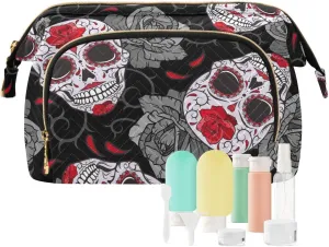 Women Wave Quilt Cosmetic Bag, Storage Pouch Handbag Makeup Case Zipper Toiletry Purse Holder Organizer 10.2x5.9x6.7 in Seamless Gothic Sugar Skulls with Red Roses, Grey Roses Thorns