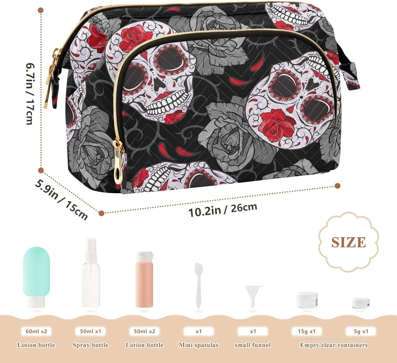 Women Wave Quilt Cosmetic Bag, Storage Pouch Handbag Makeup Case Zipper Toiletry Purse Holder Organizer 10.2x5.9x6.7 in Seamless Gothic Sugar Skulls with Red Roses, Grey Roses Thorns
