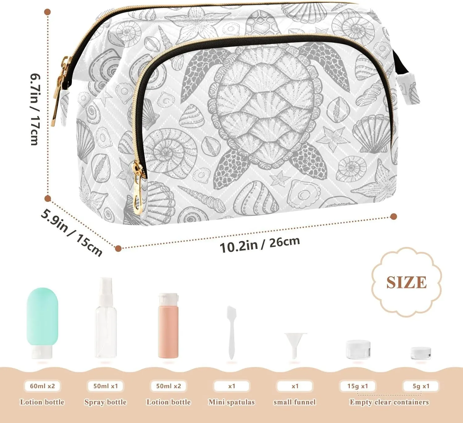 Women Wave Quilt Cosmetic Bag, Storage Pouch Handbag Makeup Case Zipper Toiletry Purse Holder Organizer 10.2x5.9x6.7 in Seamless Hand Drawn Grey Sea Turtle Seashell Starfishes on White