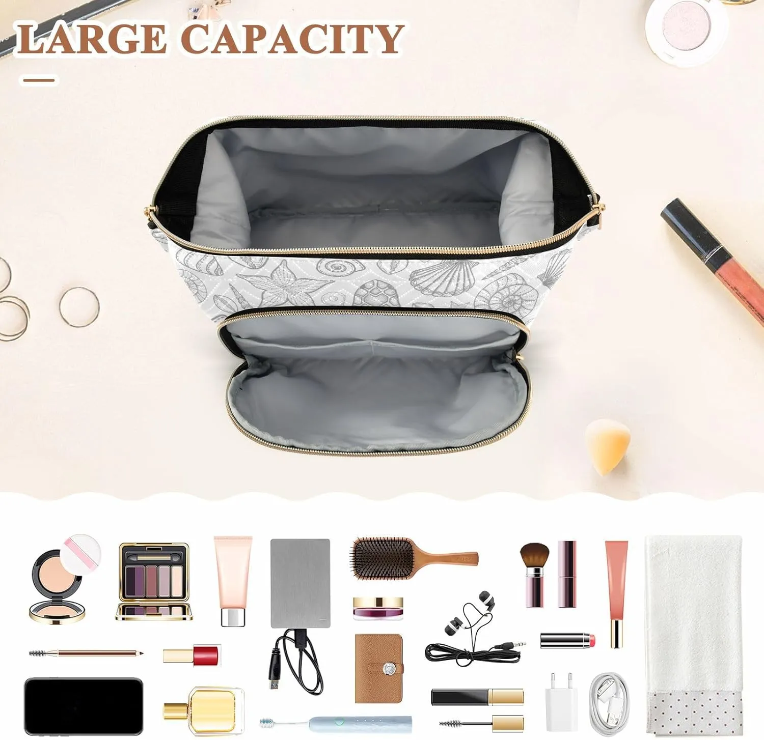 Women Wave Quilt Cosmetic Bag, Storage Pouch Handbag Makeup Case Zipper Toiletry Purse Holder Organizer 10.2x5.9x6.7 in Seamless Hand Drawn Grey Sea Turtle Seashell Starfishes on White