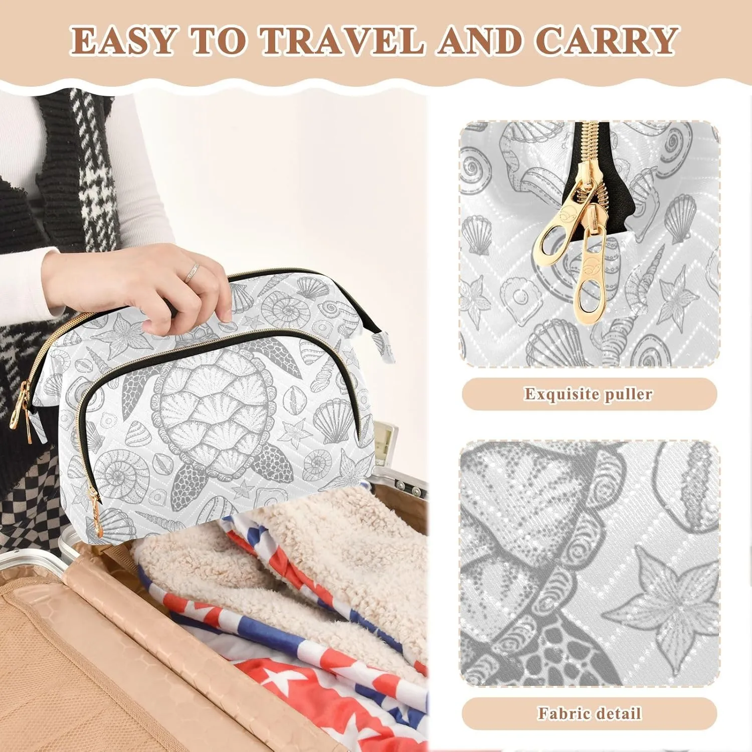 Women Wave Quilt Cosmetic Bag, Storage Pouch Handbag Makeup Case Zipper Toiletry Purse Holder Organizer 10.2x5.9x6.7 in Seamless Hand Drawn Grey Sea Turtle Seashell Starfishes on White