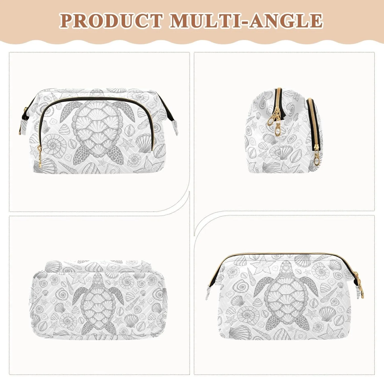 Women Wave Quilt Cosmetic Bag, Storage Pouch Handbag Makeup Case Zipper Toiletry Purse Holder Organizer 10.2x5.9x6.7 in Seamless Hand Drawn Grey Sea Turtle Seashell Starfishes on White