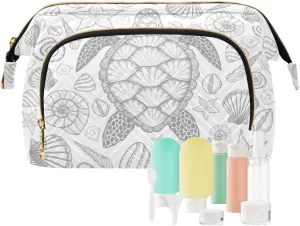 Women Wave Quilt Cosmetic Bag, Storage Pouch Handbag Makeup Case Zipper Toiletry Purse Holder Organizer 10.2x5.9x6.7 in Seamless Hand Drawn Grey Sea Turtle Seashell Starfishes on White