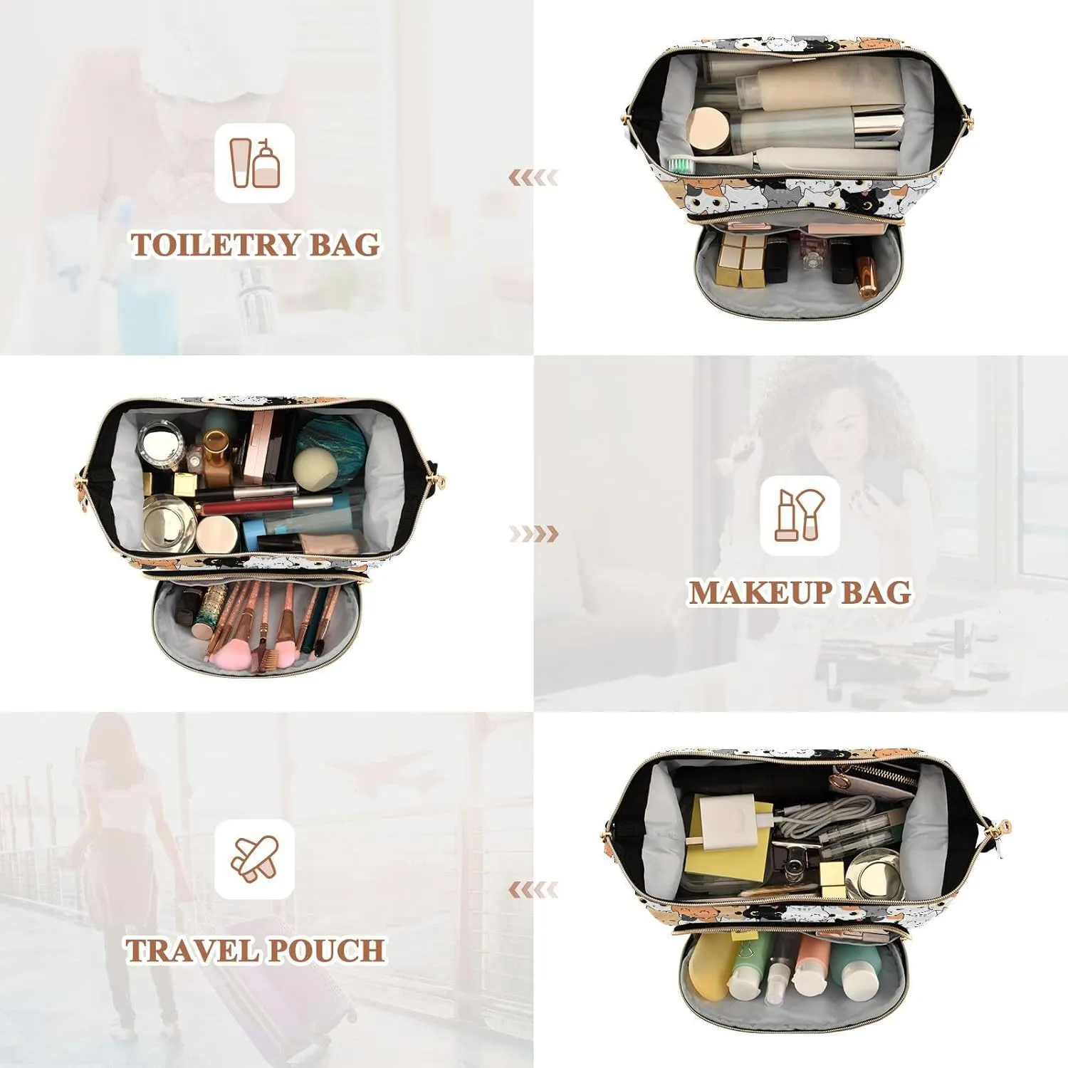 Women Wave Quilt Cosmetic Bag, Storage Pouch Handbag Makeup Case Zipper Toiletry Purse Holder Organizer 10.2x5.9x6.7 in Seamless Orange Black White Grey Doodle Cat Kitten Heads Texture