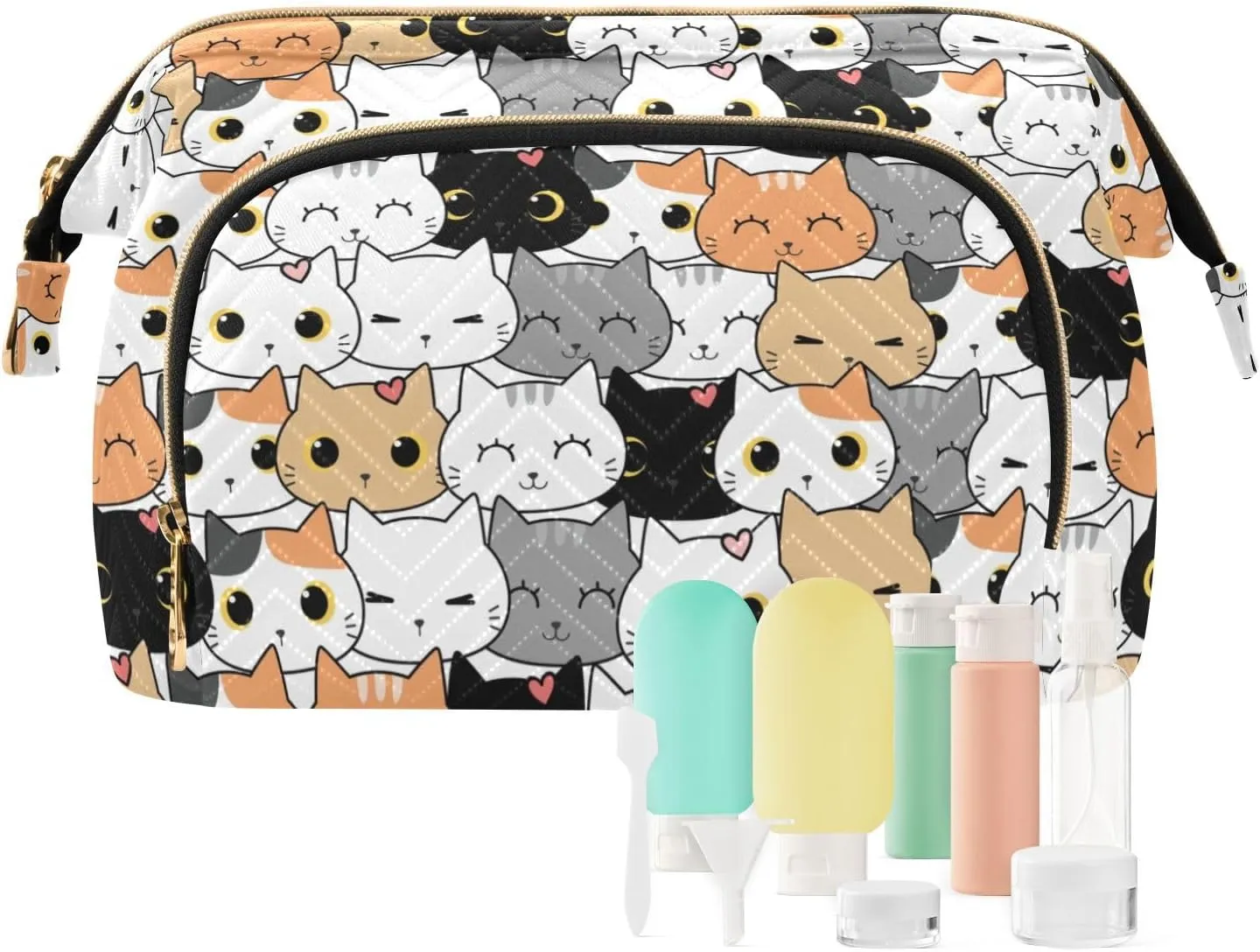 Women Wave Quilt Cosmetic Bag, Storage Pouch Handbag Makeup Case Zipper Toiletry Purse Holder Organizer 10.2x5.9x6.7 in Seamless Orange Black White Grey Doodle Cat Kitten Heads Texture