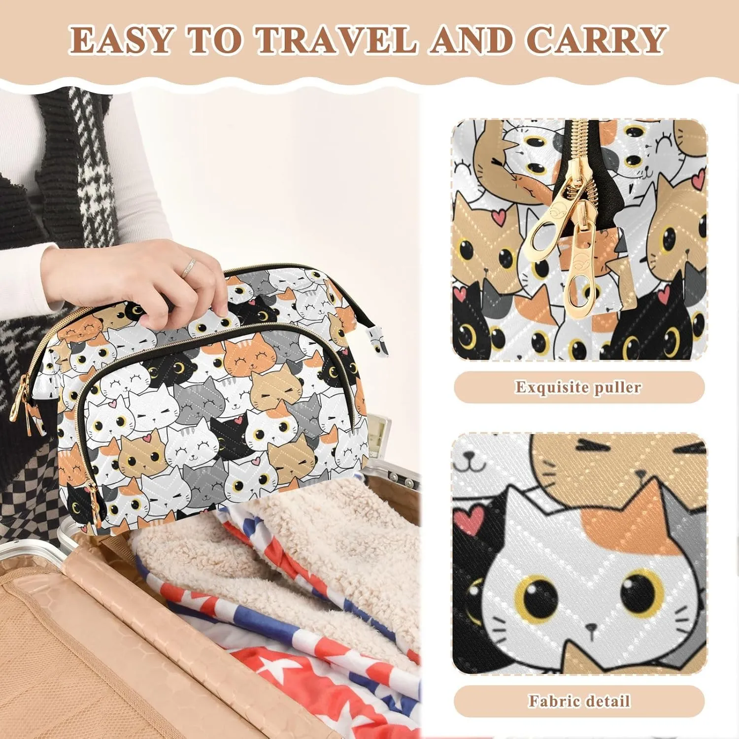 Women Wave Quilt Cosmetic Bag, Storage Pouch Handbag Makeup Case Zipper Toiletry Purse Holder Organizer 10.2x5.9x6.7 in Seamless Orange Black White Grey Doodle Cat Kitten Heads Texture