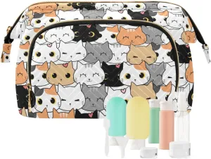 Women Wave Quilt Cosmetic Bag, Storage Pouch Handbag Makeup Case Zipper Toiletry Purse Holder Organizer 10.2x5.9x6.7 in Seamless Orange Black White Grey Doodle Cat Kitten Heads Texture