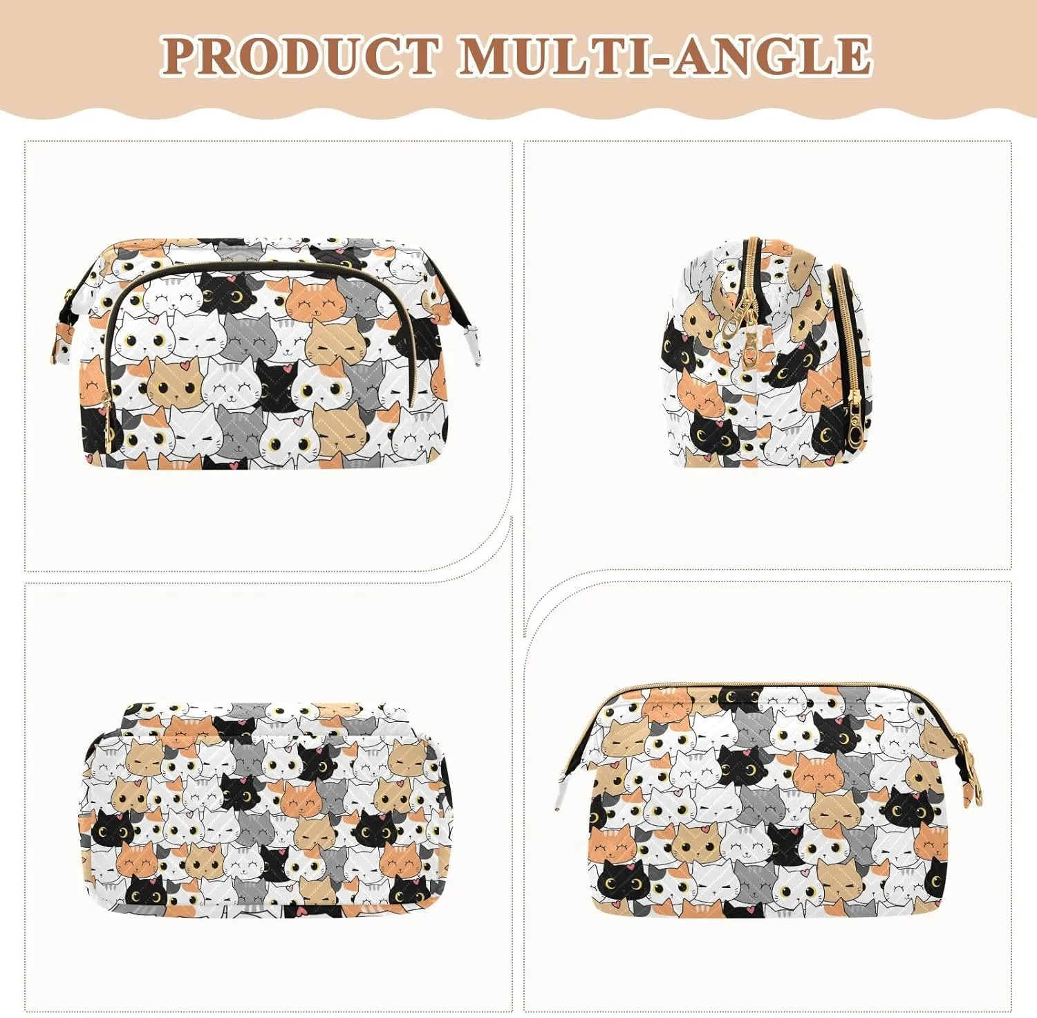Women Wave Quilt Cosmetic Bag, Storage Pouch Handbag Makeup Case Zipper Toiletry Purse Holder Organizer 10.2x5.9x6.7 in Seamless Orange Black White Grey Doodle Cat Kitten Heads Texture