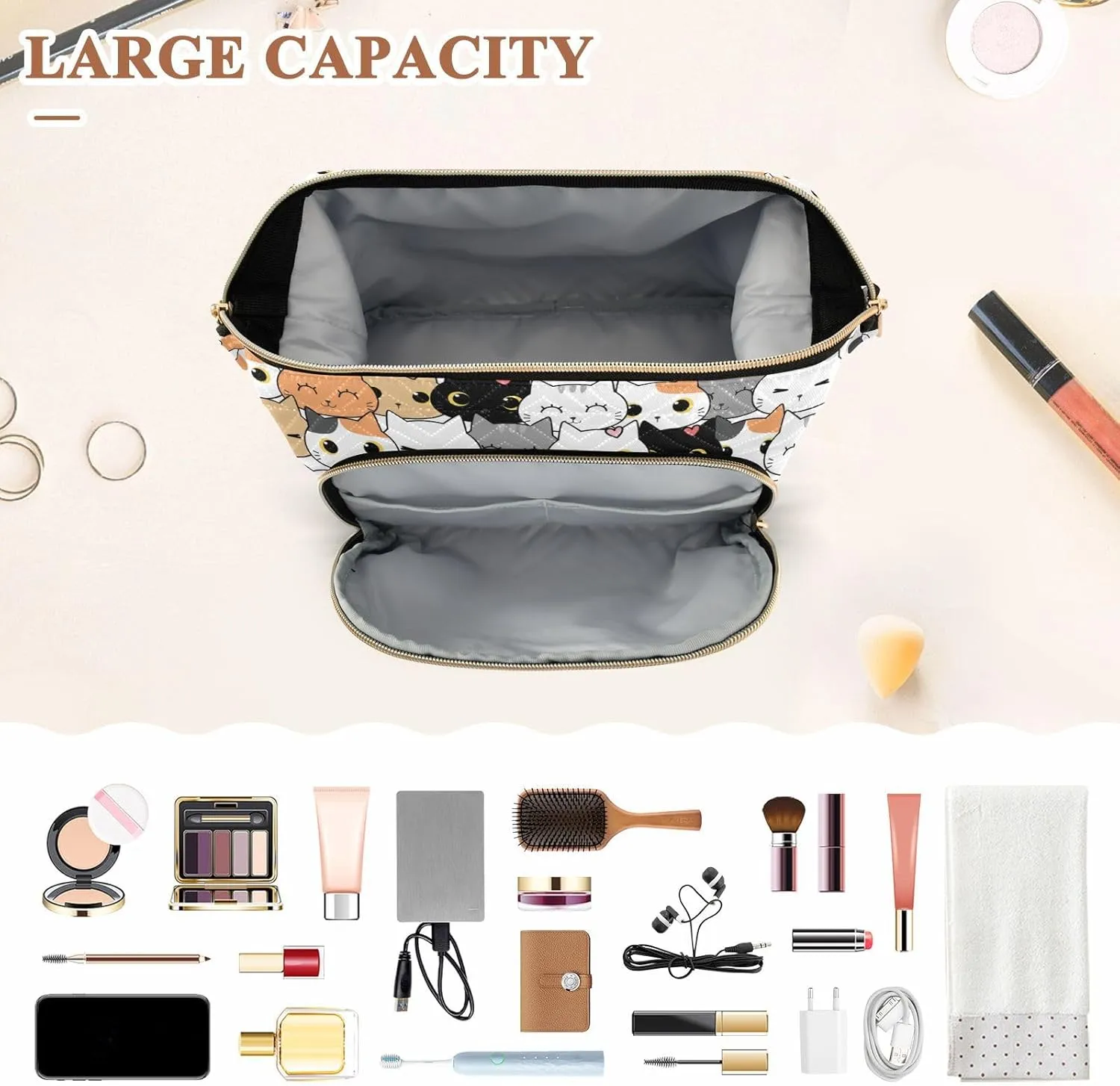 Women Wave Quilt Cosmetic Bag, Storage Pouch Handbag Makeup Case Zipper Toiletry Purse Holder Organizer 10.2x5.9x6.7 in Seamless Orange Black White Grey Doodle Cat Kitten Heads Texture