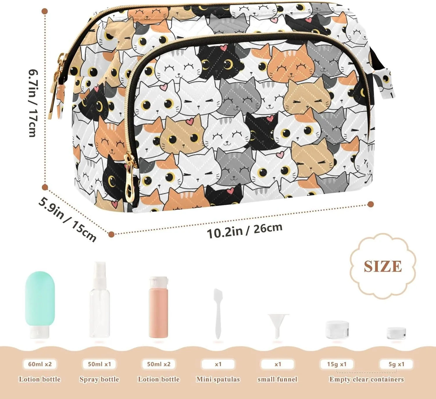 Women Wave Quilt Cosmetic Bag, Storage Pouch Handbag Makeup Case Zipper Toiletry Purse Holder Organizer 10.2x5.9x6.7 in Seamless Orange Black White Grey Doodle Cat Kitten Heads Texture