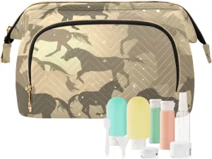 Women Wave Quilt Cosmetic Bag, Storage Pouch Handbag Makeup Case Zipper Toiletry Purse Holder Organizer 10.2x5.9x6.7 in Seamless Vintage Horses Shiny Stars Sparks on Purple