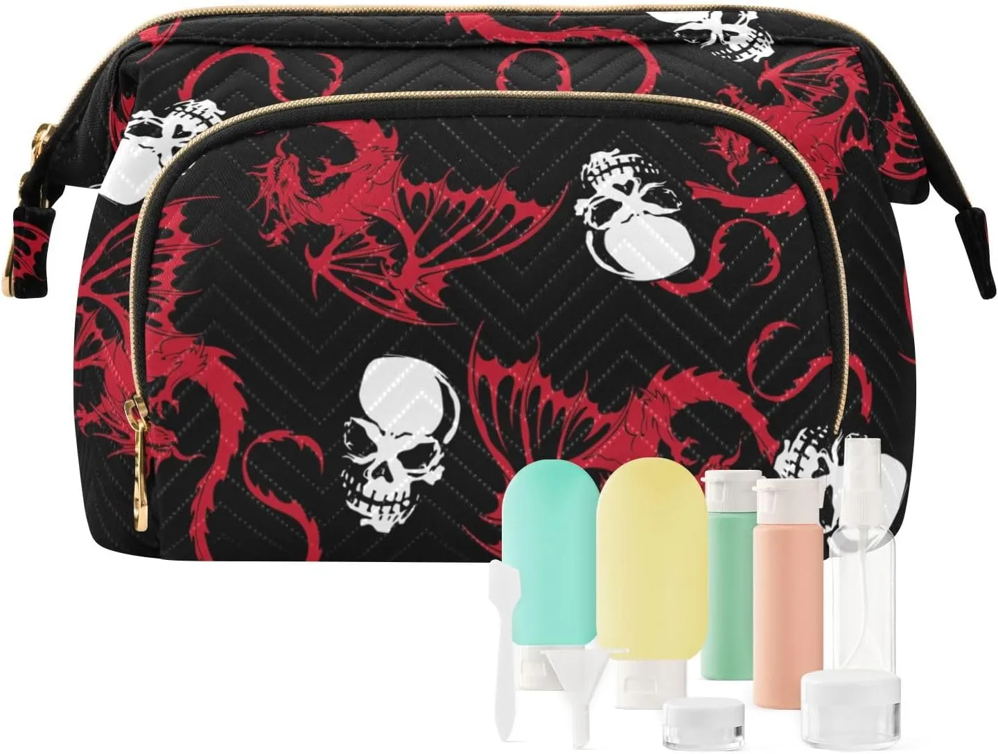 Women Wave Quilt Cosmetic Bag, Storage Pouch Handbag Makeup Case Zipper Toiletry Purse Holder Organizer 10.2x5.9x6.7 in Seamless White Skull and Red Wing Flying Dragon on Dark Black