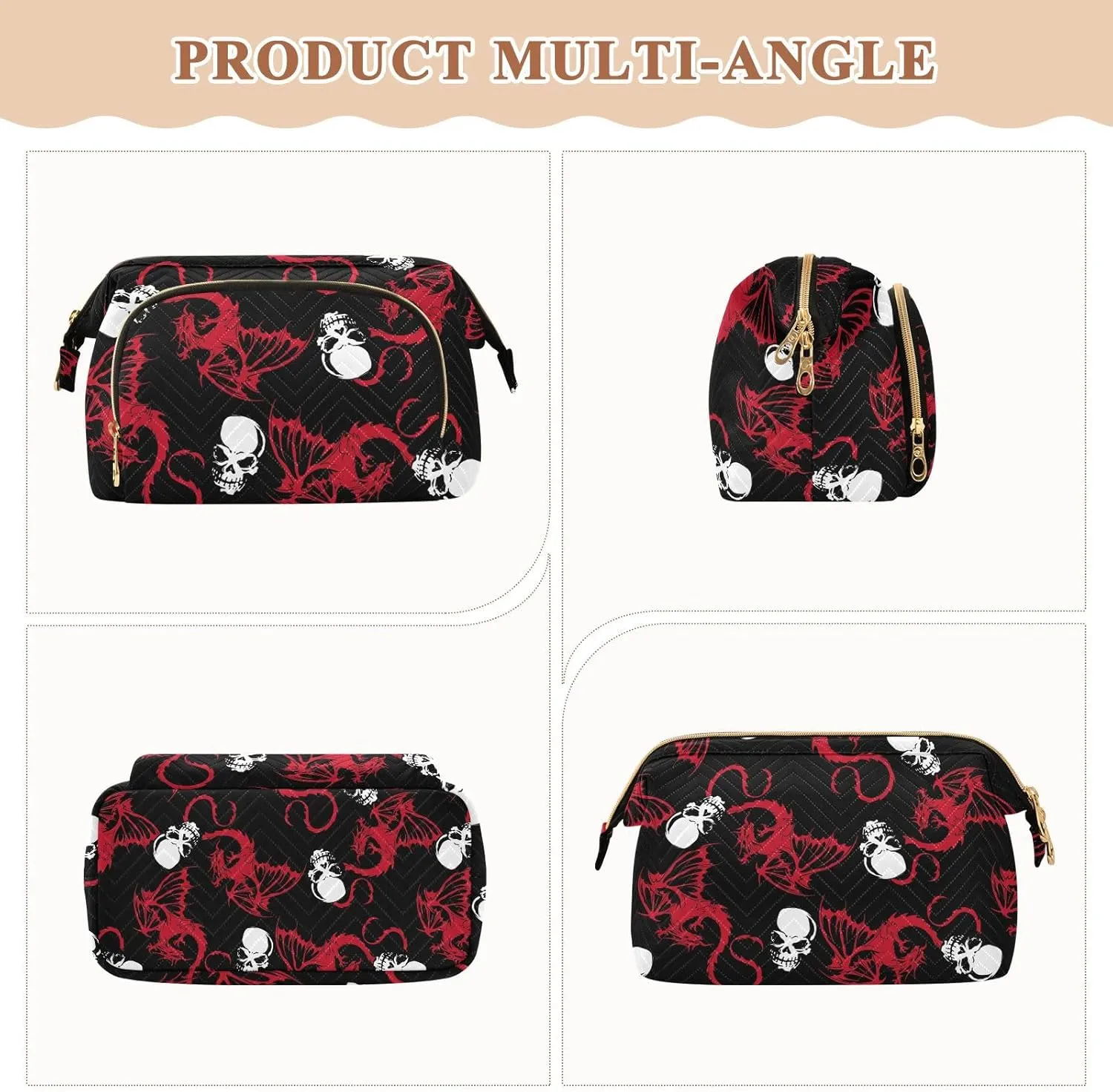 Women Wave Quilt Cosmetic Bag, Storage Pouch Handbag Makeup Case Zipper Toiletry Purse Holder Organizer 10.2x5.9x6.7 in Seamless White Skull and Red Wing Flying Dragon on Dark Black