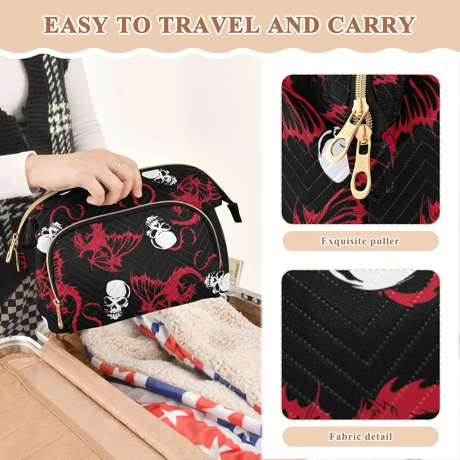 Women Wave Quilt Cosmetic Bag, Storage Pouch Handbag Makeup Case Zipper Toiletry Purse Holder Organizer 10.2x5.9x6.7 in Seamless White Skull and Red Wing Flying Dragon on Dark Black