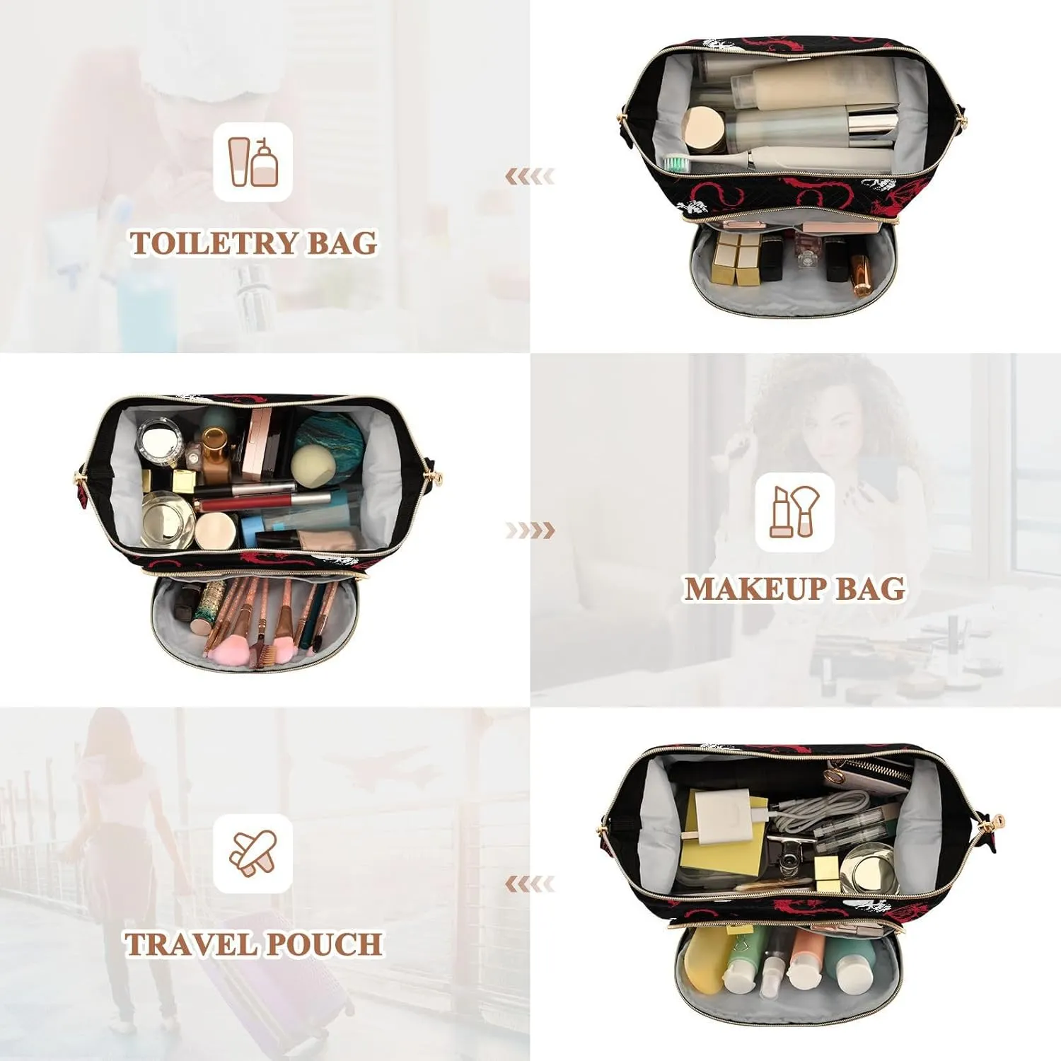 Women Wave Quilt Cosmetic Bag, Storage Pouch Handbag Makeup Case Zipper Toiletry Purse Holder Organizer 10.2x5.9x6.7 in Seamless White Skull and Red Wing Flying Dragon on Dark Black