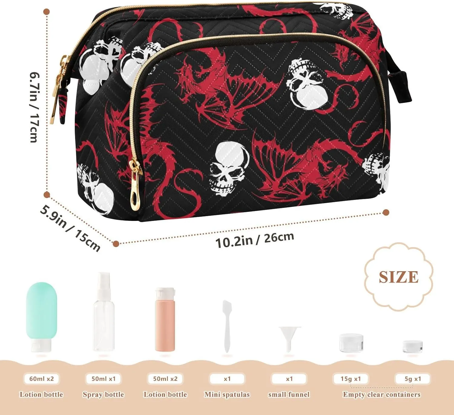 Women Wave Quilt Cosmetic Bag, Storage Pouch Handbag Makeup Case Zipper Toiletry Purse Holder Organizer 10.2x5.9x6.7 in Seamless White Skull and Red Wing Flying Dragon on Dark Black