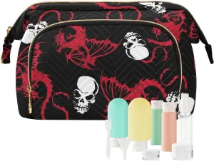 Women Wave Quilt Cosmetic Bag, Storage Pouch Handbag Makeup Case Zipper Toiletry Purse Holder Organizer 10.2x5.9x6.7 in Seamless White Skull and Red Wing Flying Dragon on Dark Black
