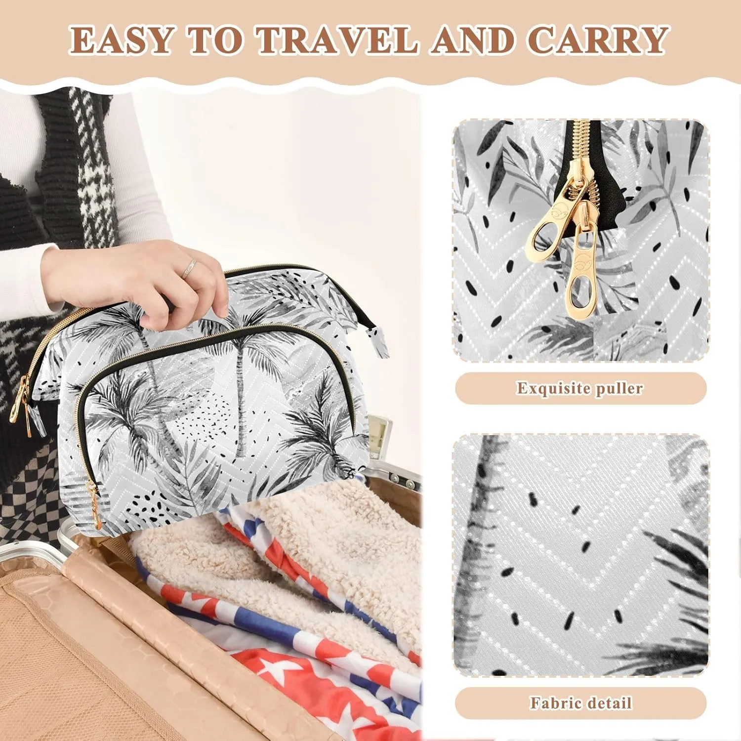 Women Wave Quilt Cosmetic Bag, Storage Pouch Handbag Makeup Case Zipper Toiletry Purse Holder Organizer 10.2x5.9x6.7 in Summer Sun Tropical Palm Tree Leaves, Black Dots Rain Drops