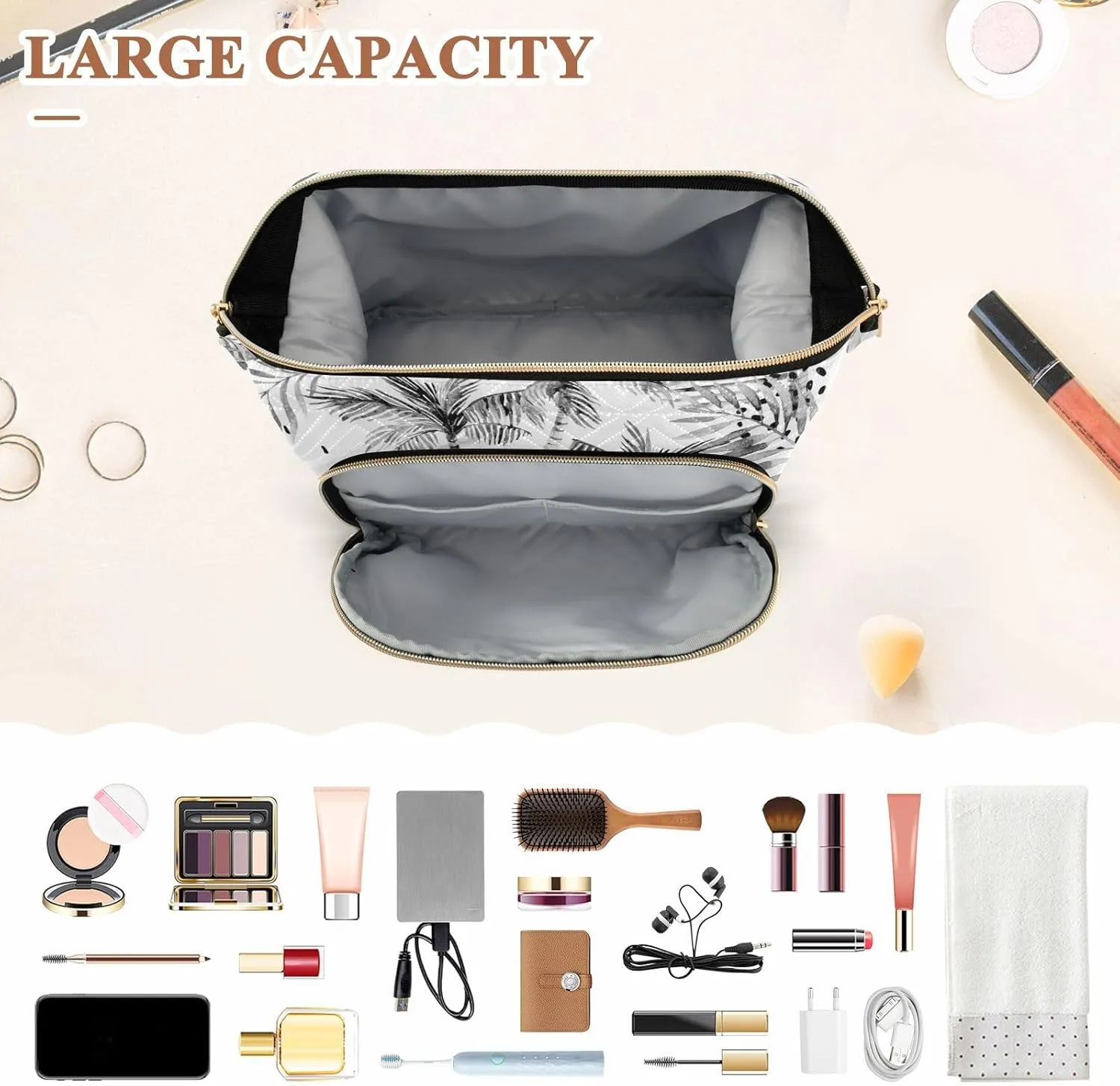 Women Wave Quilt Cosmetic Bag, Storage Pouch Handbag Makeup Case Zipper Toiletry Purse Holder Organizer 10.2x5.9x6.7 in Summer Sun Tropical Palm Tree Leaves, Black Dots Rain Drops