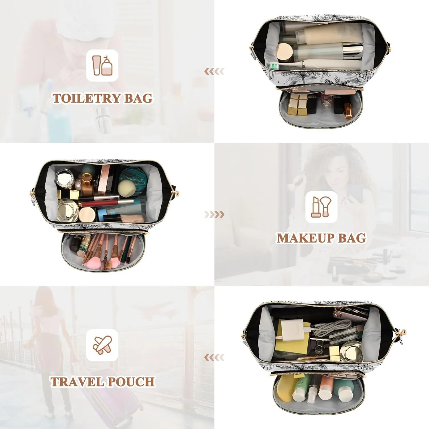 Women Wave Quilt Cosmetic Bag, Storage Pouch Handbag Makeup Case Zipper Toiletry Purse Holder Organizer 10.2x5.9x6.7 in Summer Sun Tropical Palm Tree Leaves, Black Dots Rain Drops