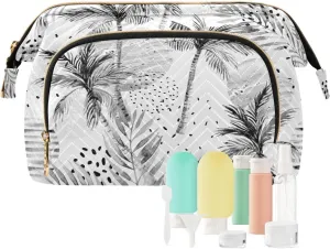 Women Wave Quilt Cosmetic Bag, Storage Pouch Handbag Makeup Case Zipper Toiletry Purse Holder Organizer 10.2x5.9x6.7 in Summer Sun Tropical Palm Tree Leaves, Black Dots Rain Drops
