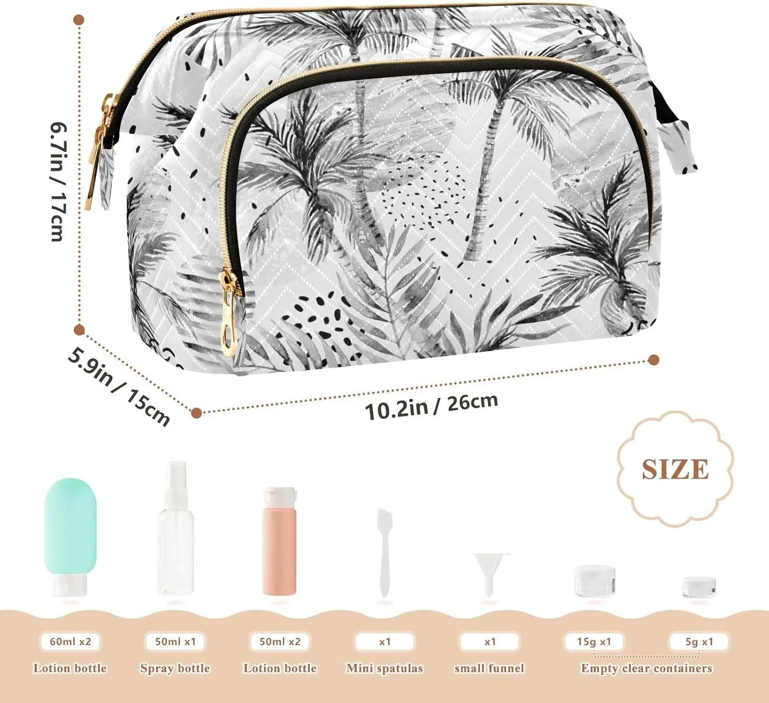 Women Wave Quilt Cosmetic Bag, Storage Pouch Handbag Makeup Case Zipper Toiletry Purse Holder Organizer 10.2x5.9x6.7 in Summer Sun Tropical Palm Tree Leaves, Black Dots Rain Drops