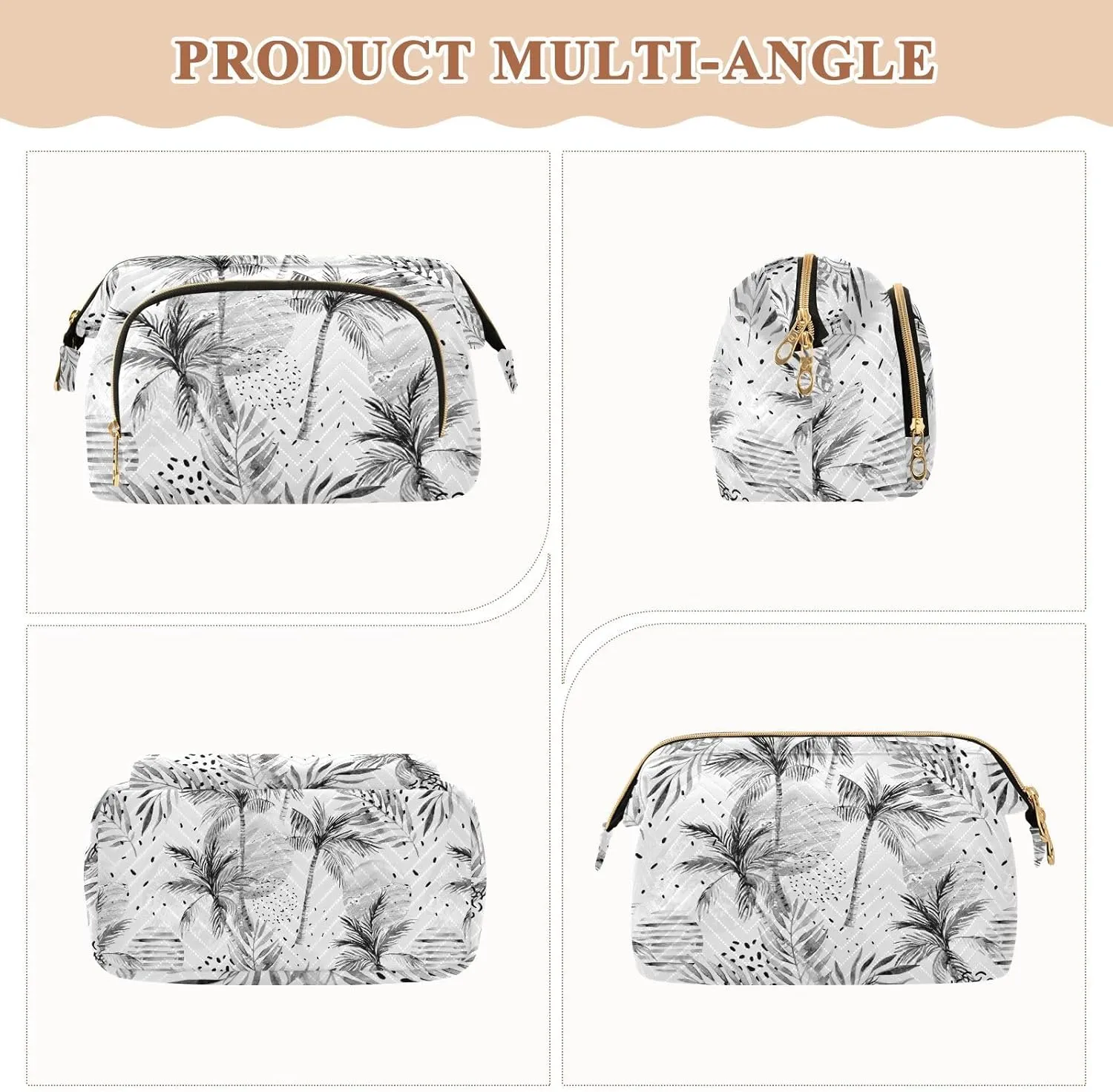 Women Wave Quilt Cosmetic Bag, Storage Pouch Handbag Makeup Case Zipper Toiletry Purse Holder Organizer 10.2x5.9x6.7 in Summer Sun Tropical Palm Tree Leaves, Black Dots Rain Drops