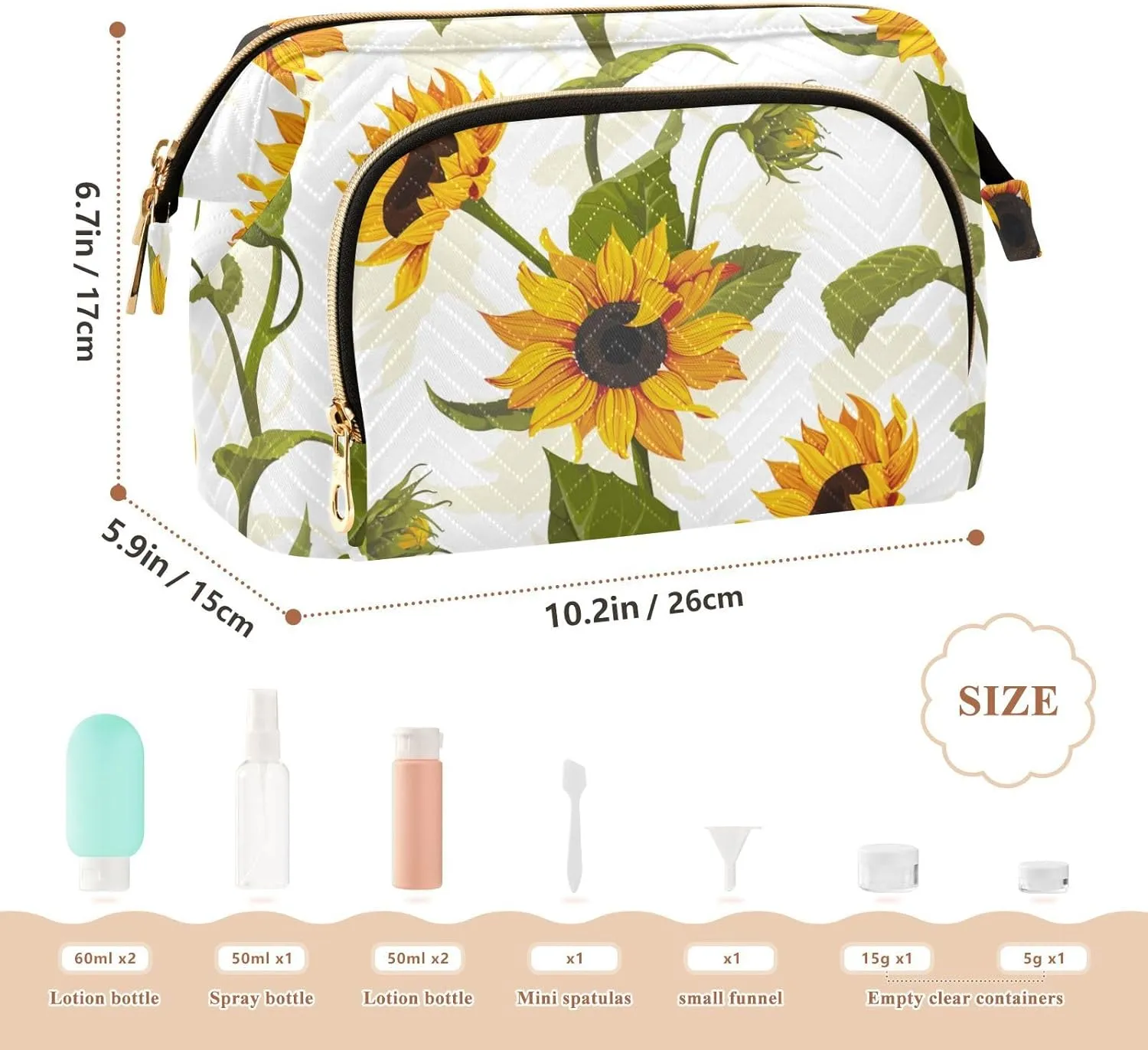 Women Wave Quilt Cosmetic Bag, Storage Pouch Handbag Makeup Case Zipper Toiletry Purse Holder Organizer 10.2x5.9x6.7 in Yellow Sunflowers with Green Leaves Floral Texture on White