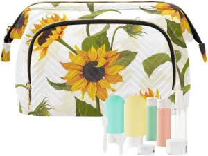 Women Wave Quilt Cosmetic Bag, Storage Pouch Handbag Makeup Case Zipper Toiletry Purse Holder Organizer 10.2x5.9x6.7 in Yellow Sunflowers with Green Leaves Floral Texture on White