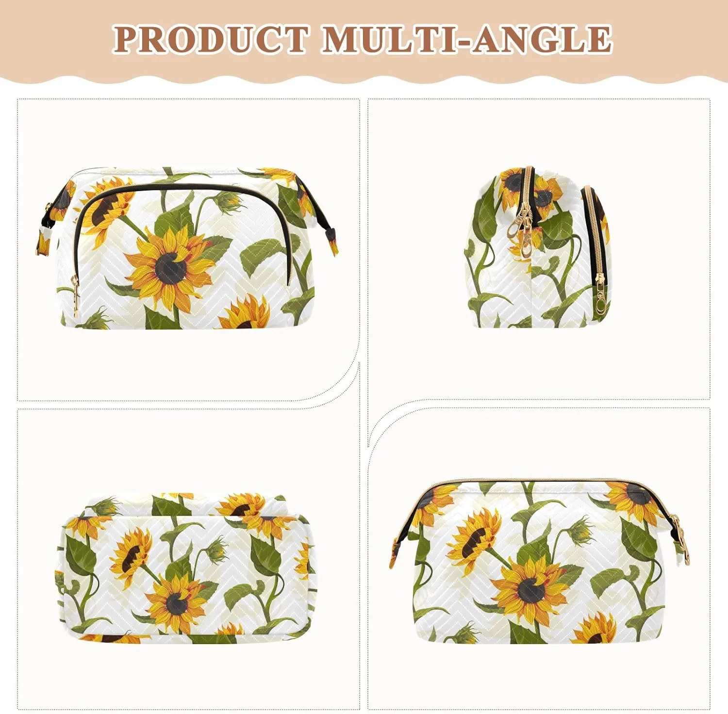 Women Wave Quilt Cosmetic Bag, Storage Pouch Handbag Makeup Case Zipper Toiletry Purse Holder Organizer 10.2x5.9x6.7 in Yellow Sunflowers with Green Leaves Floral Texture on White