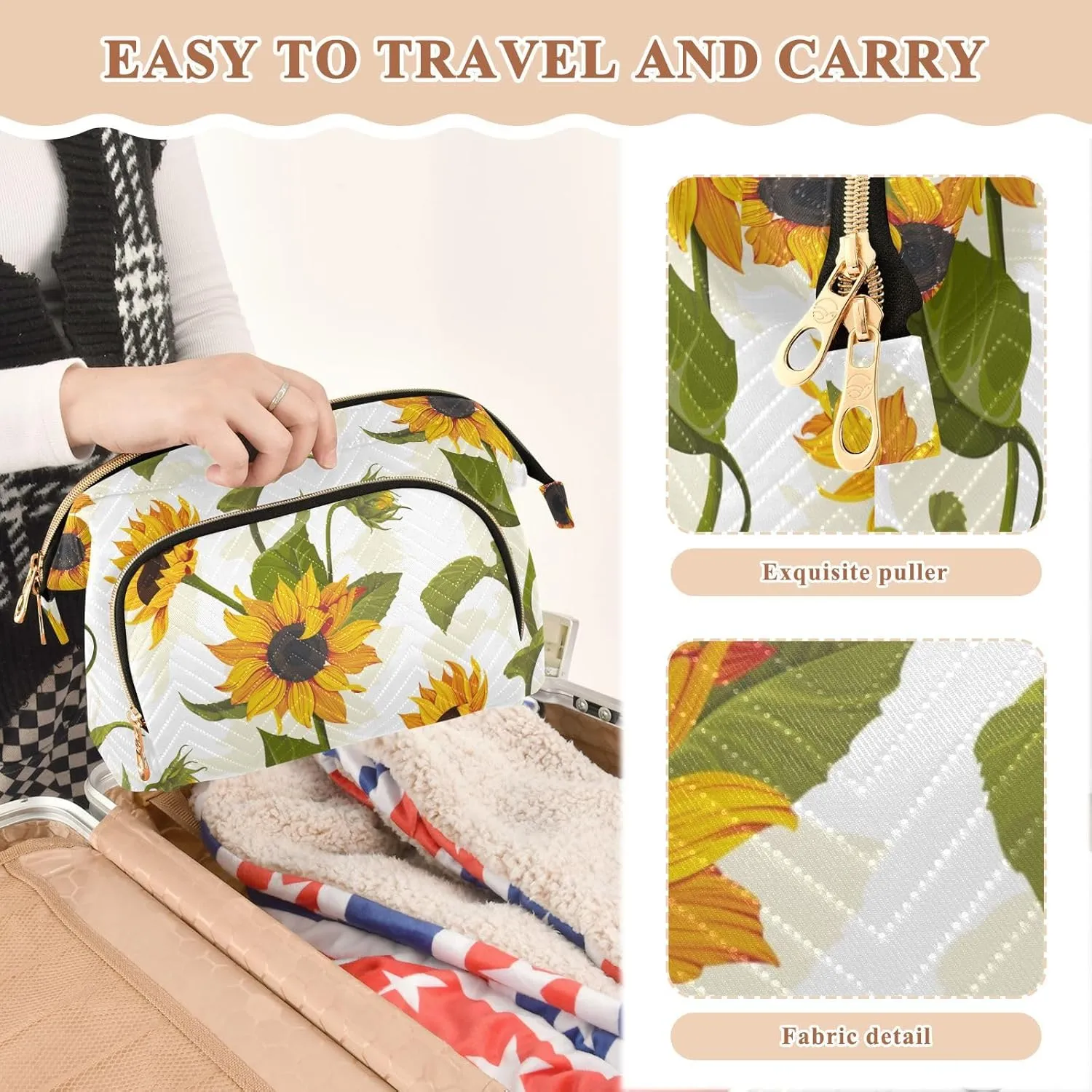 Women Wave Quilt Cosmetic Bag, Storage Pouch Handbag Makeup Case Zipper Toiletry Purse Holder Organizer 10.2x5.9x6.7 in Yellow Sunflowers with Green Leaves Floral Texture on White