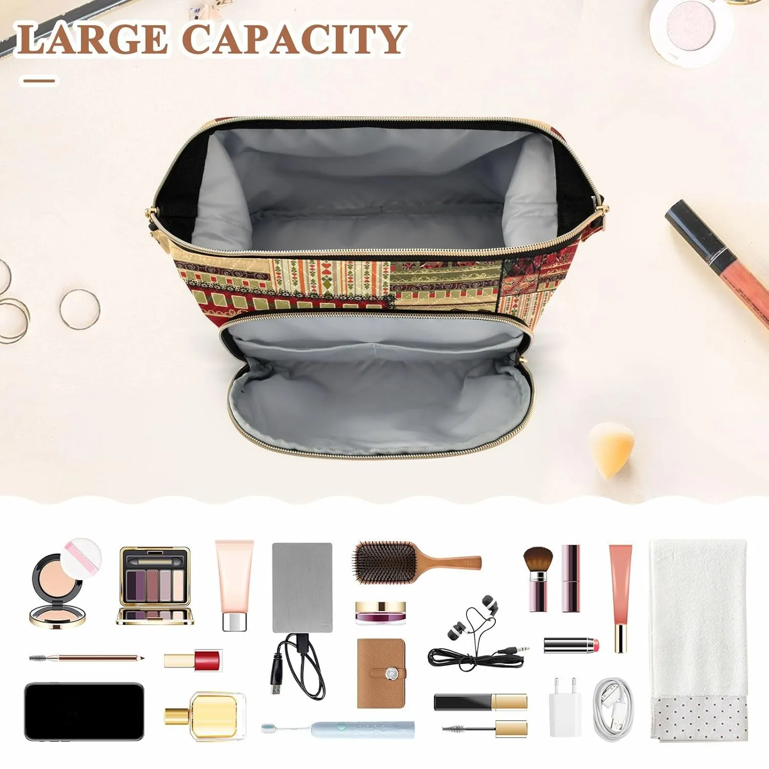 Women Wave Quilt Cosmetic Bag, Zipper Toiletry Storage 10.2x5.9x6.7 in, Pouch Handbag Makeup Case Purse Holder Organizer African Enthic Tribal Pattern