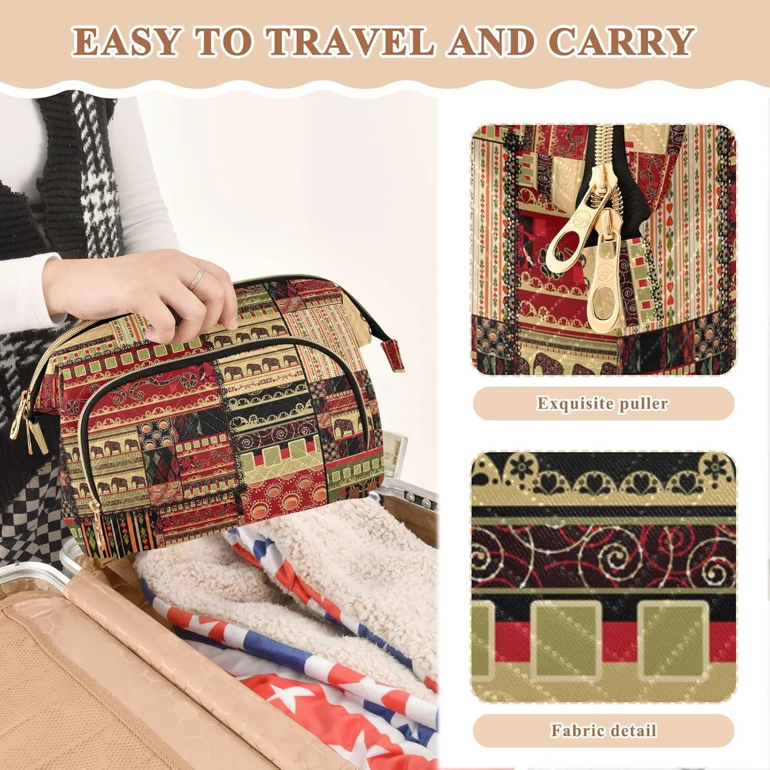 Women Wave Quilt Cosmetic Bag, Zipper Toiletry Storage 10.2x5.9x6.7 in, Pouch Handbag Makeup Case Purse Holder Organizer African Enthic Tribal Pattern
