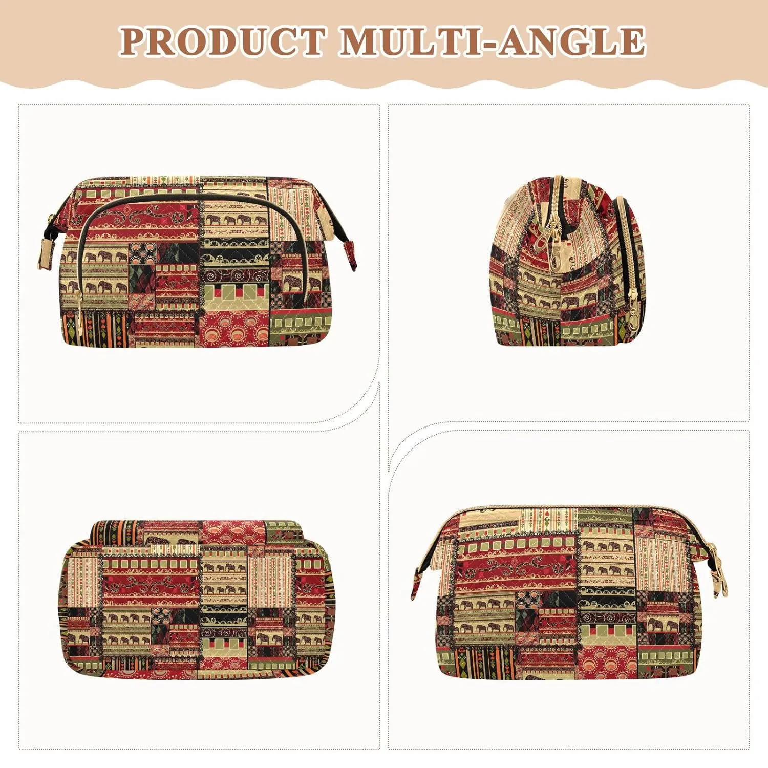Women Wave Quilt Cosmetic Bag, Zipper Toiletry Storage 10.2x5.9x6.7 in, Pouch Handbag Makeup Case Purse Holder Organizer African Enthic Tribal Pattern