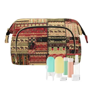 Women Wave Quilt Cosmetic Bag, Zipper Toiletry Storage 10.2x5.9x6.7 in, Pouch Handbag Makeup Case Purse Holder Organizer African Enthic Tribal Pattern