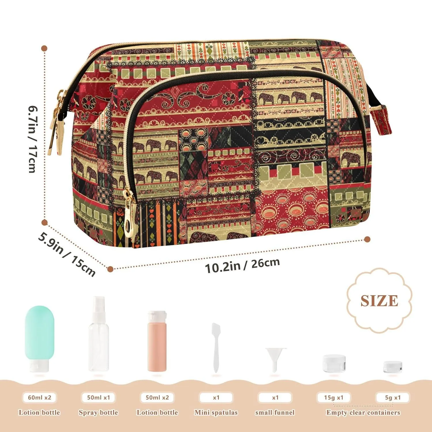 Women Wave Quilt Cosmetic Bag, Zipper Toiletry Storage 10.2x5.9x6.7 in, Pouch Handbag Makeup Case Purse Holder Organizer African Enthic Tribal Pattern
