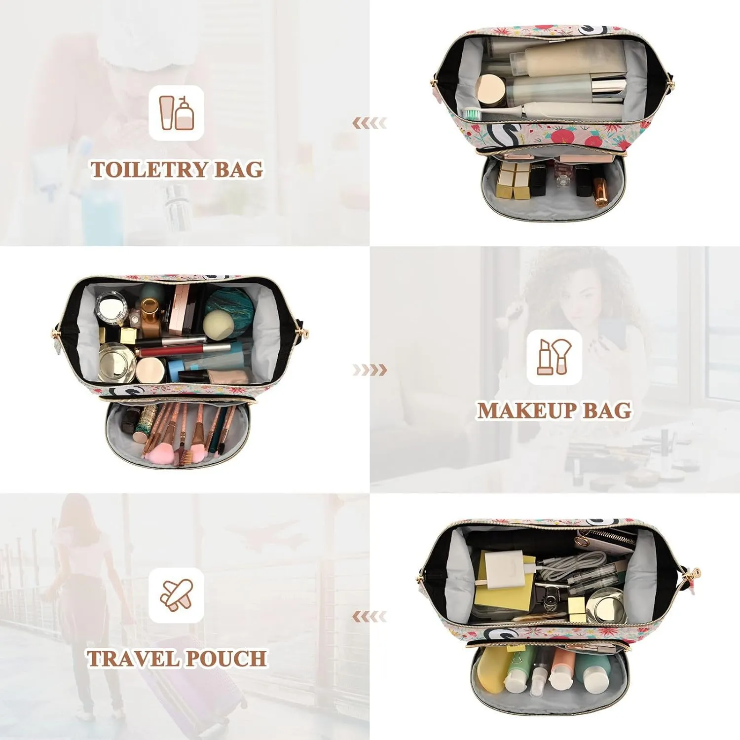 Women Wave Quilt Cosmetic Bag, Zipper Toiletry Storage 10.2x5.9x6.7 in, Pouch Handbag Makeup Case Purse Holder Organizer Black White Skunks Red Floral Flowers