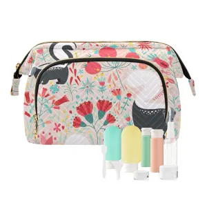 Women Wave Quilt Cosmetic Bag, Zipper Toiletry Storage 10.2x5.9x6.7 in, Pouch Handbag Makeup Case Purse Holder Organizer Black White Skunks Red Floral Flowers