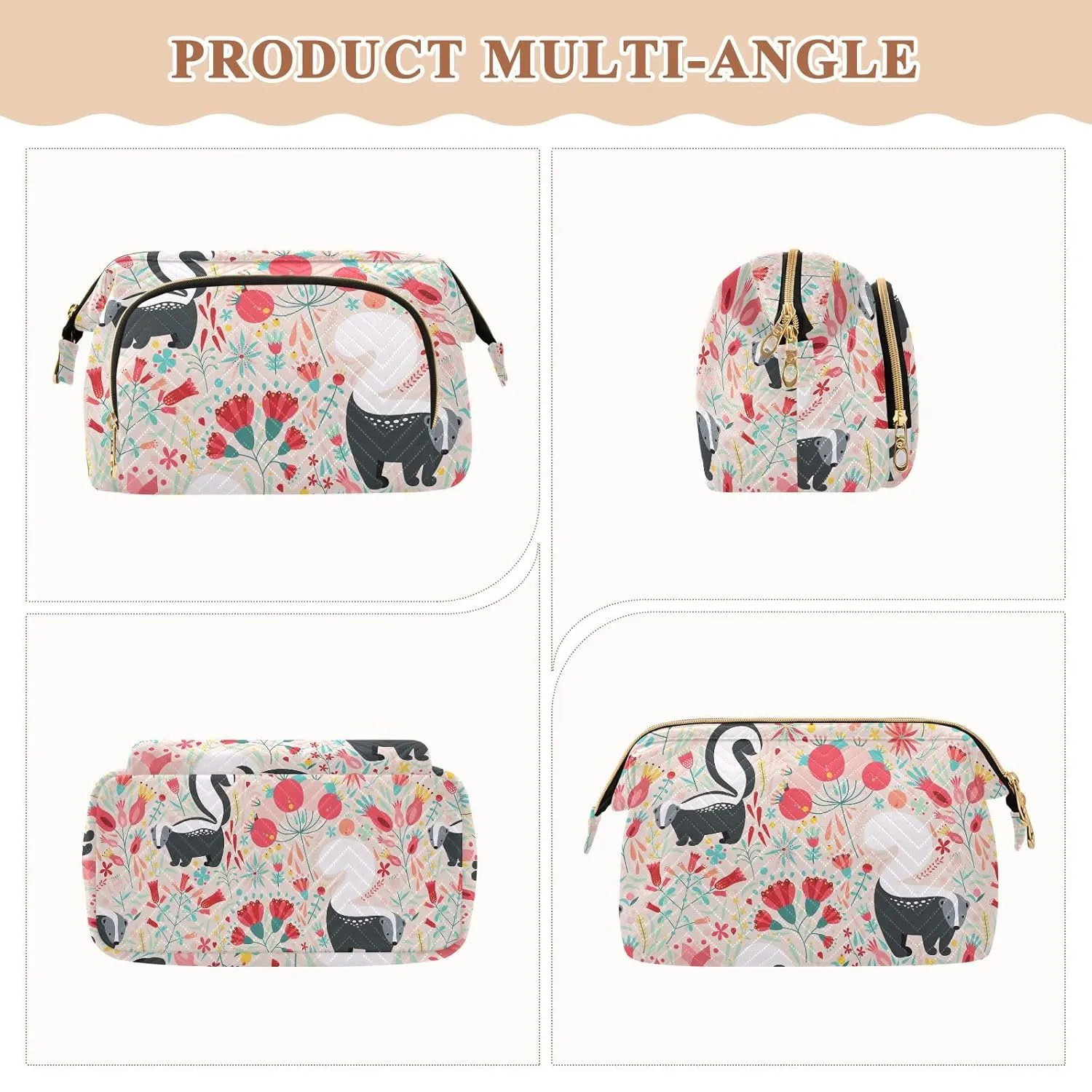 Women Wave Quilt Cosmetic Bag, Zipper Toiletry Storage 10.2x5.9x6.7 in, Pouch Handbag Makeup Case Purse Holder Organizer Black White Skunks Red Floral Flowers