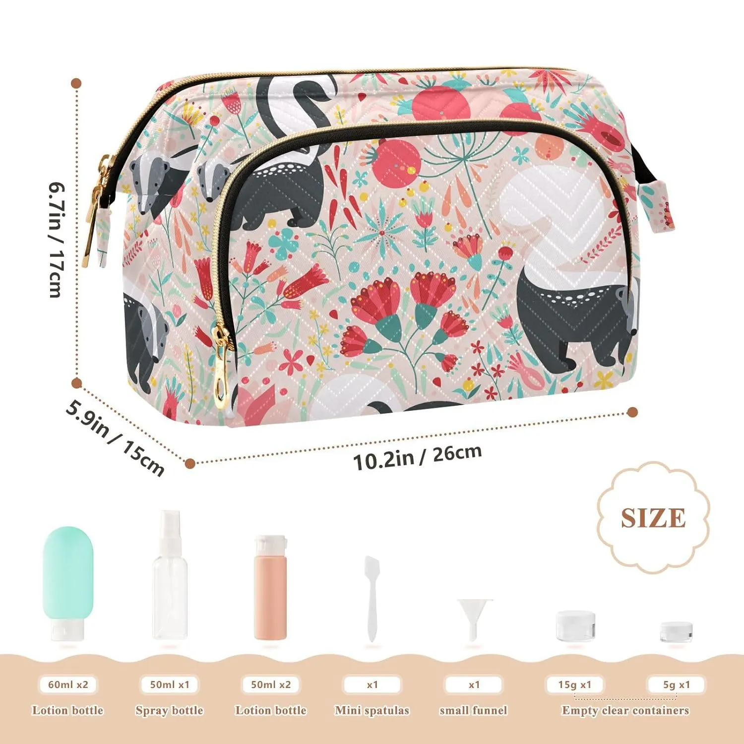 Women Wave Quilt Cosmetic Bag, Zipper Toiletry Storage 10.2x5.9x6.7 in, Pouch Handbag Makeup Case Purse Holder Organizer Black White Skunks Red Floral Flowers