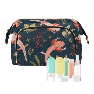 Women Wave Quilt Cosmetic Bag, Zipper Toiletry Storage 10.2x5.9x6.7 in, Pouch Handbag Makeup Case Purse Holder Organizer Pink Axolotl and Sea Weed Leaves Seamless On Dark
