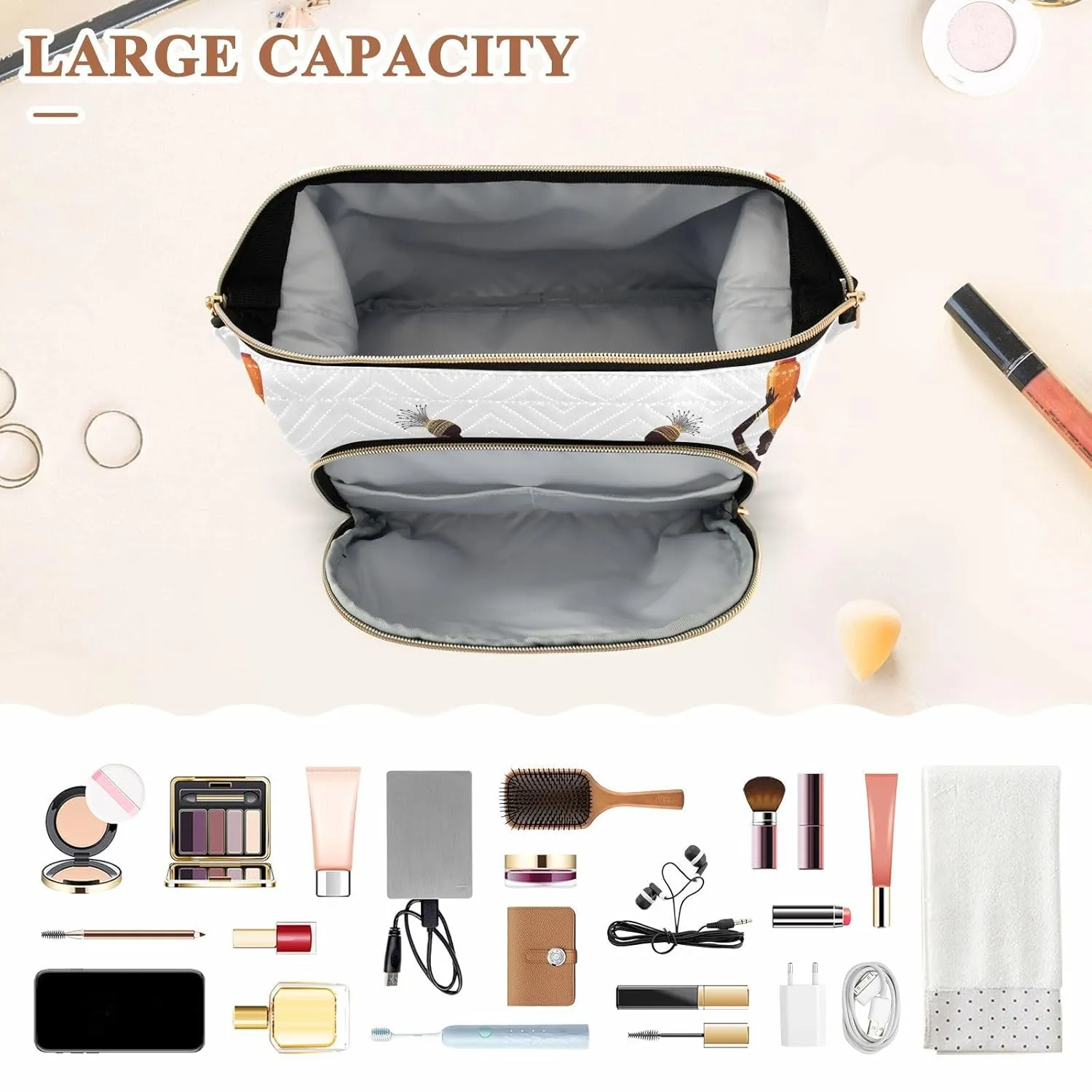 Women Wave Quilt Cosmetic Bag, Zipper Toiletry Storage 10.2x5.9x6.7 in, Pouch Handbag Makeup Case Purse Holder Organizer Print African Black Woman Classic Afro American Women