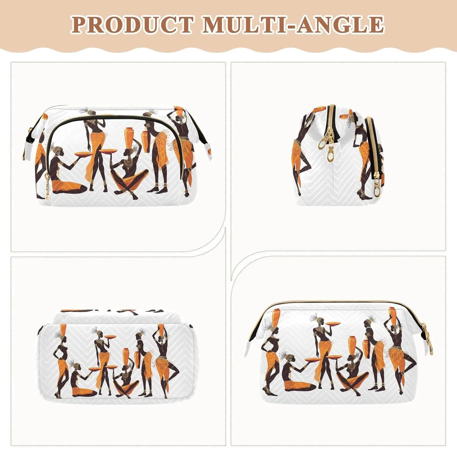 Women Wave Quilt Cosmetic Bag, Zipper Toiletry Storage 10.2x5.9x6.7 in, Pouch Handbag Makeup Case Purse Holder Organizer Print African Black Woman Classic Afro American Women