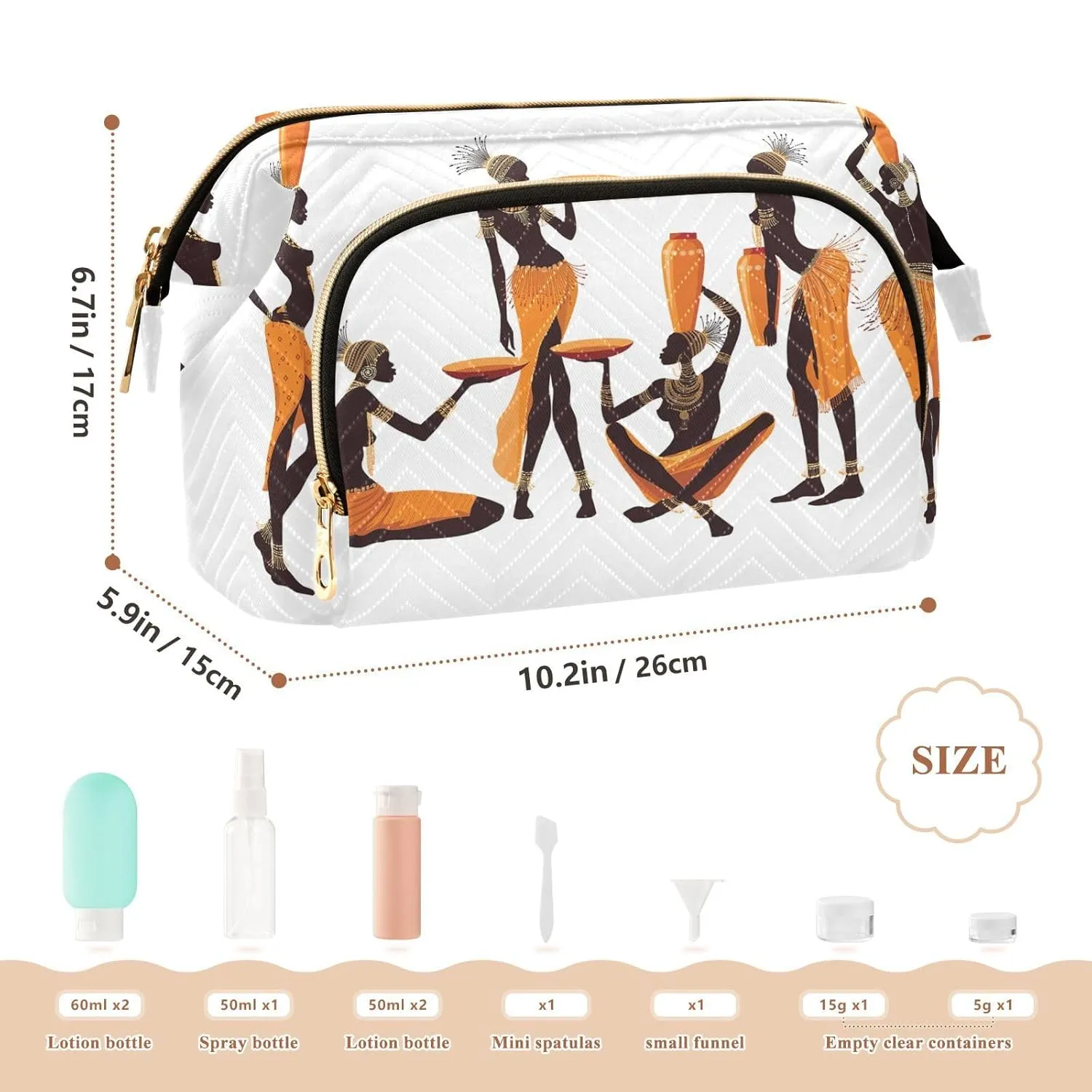 Women Wave Quilt Cosmetic Bag, Zipper Toiletry Storage 10.2x5.9x6.7 in, Pouch Handbag Makeup Case Purse Holder Organizer Print African Black Woman Classic Afro American Women