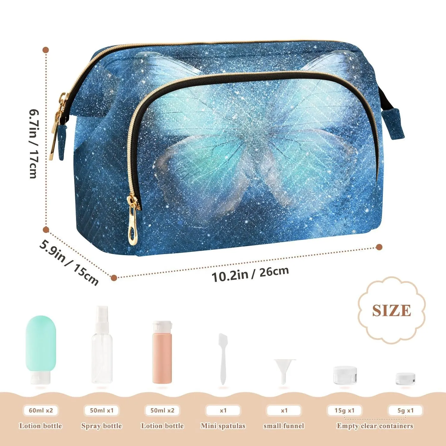 Women Wave Quilt Cosmetic Bag, Zipper Toiletry Storage 10.2x5.9x6.7 in, Pouch Handbag Makeup Case Purse Holder Organizer Print Blue Butterfly Galaxy Stars Universe Paint