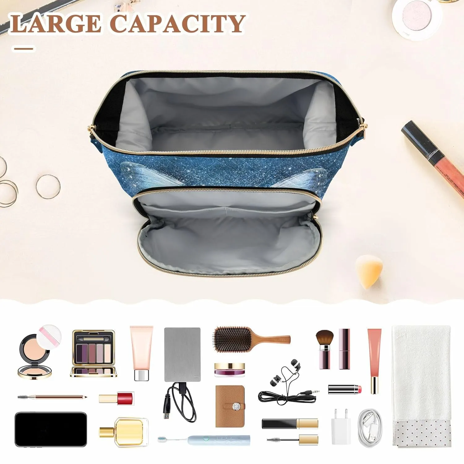 Women Wave Quilt Cosmetic Bag, Zipper Toiletry Storage 10.2x5.9x6.7 in, Pouch Handbag Makeup Case Purse Holder Organizer Print Blue Butterfly Galaxy Stars Universe Paint