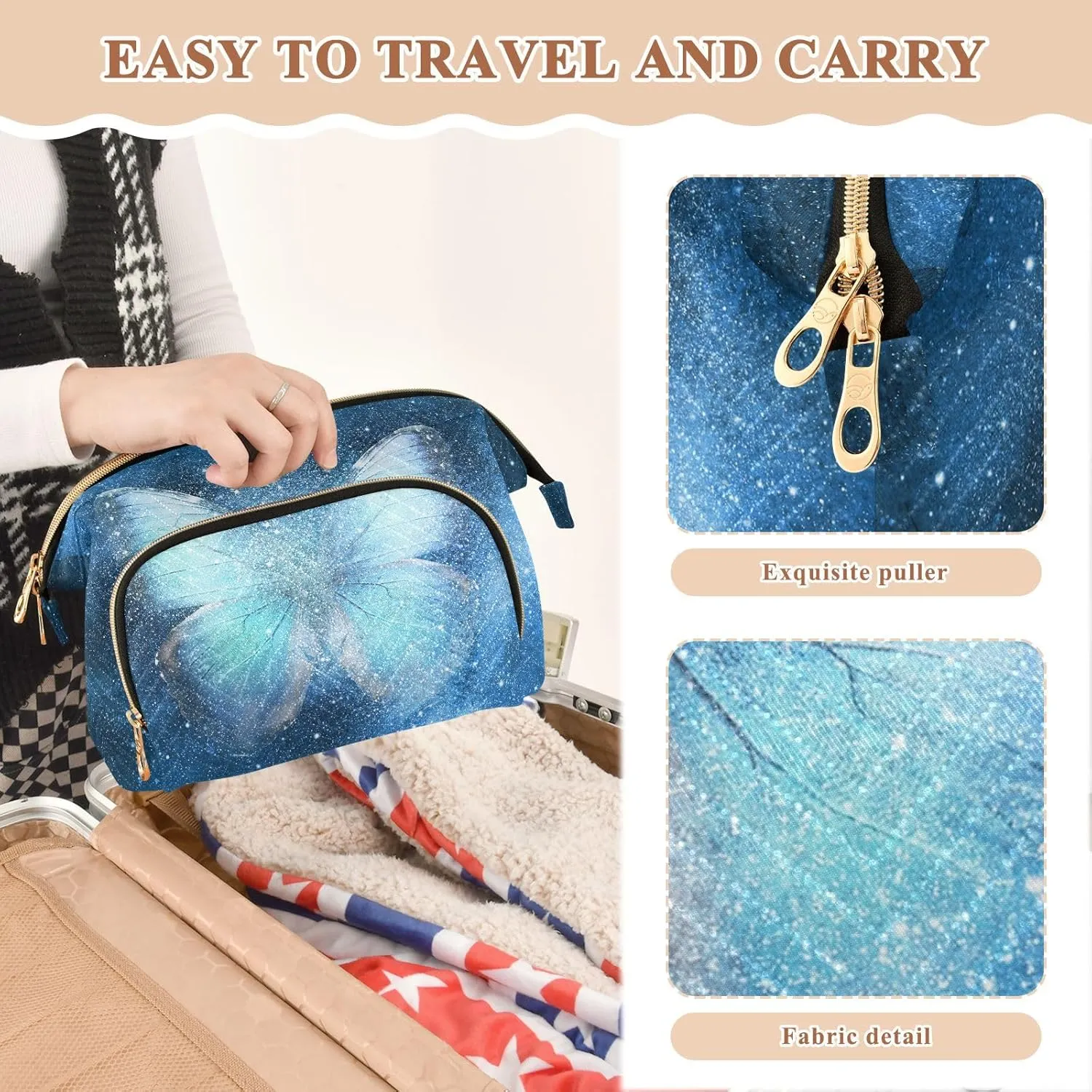Women Wave Quilt Cosmetic Bag, Zipper Toiletry Storage 10.2x5.9x6.7 in, Pouch Handbag Makeup Case Purse Holder Organizer Print Blue Butterfly Galaxy Stars Universe Paint